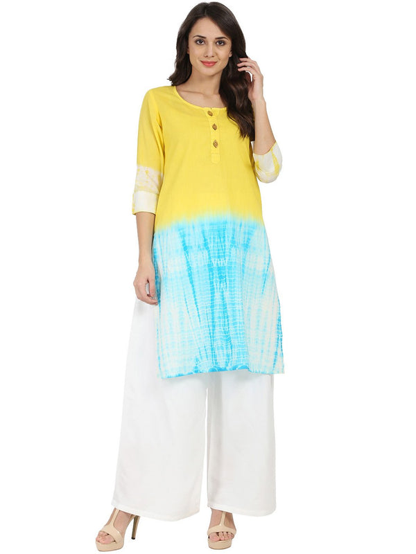 Women's Yellow & Blue Tye Dye 3/4Th Sleeve Cotton Kurta - Nayo Clothing