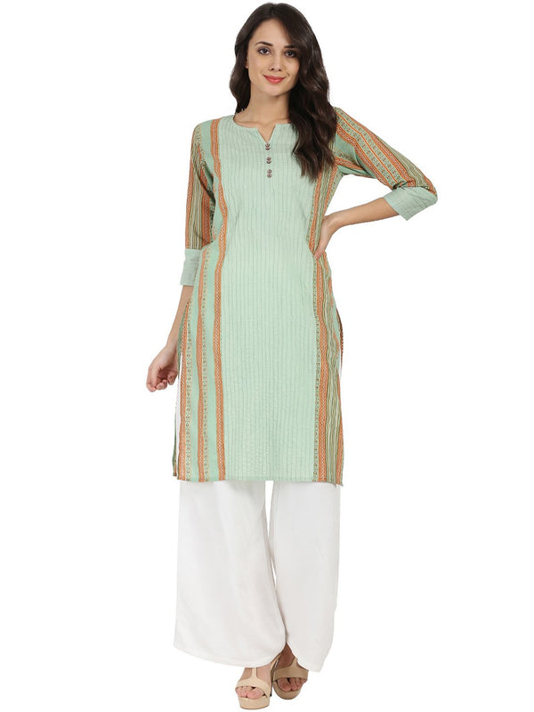 Women's Green Printed 3/4Th Sleeve Cotton Kurta - Nayo Clothing