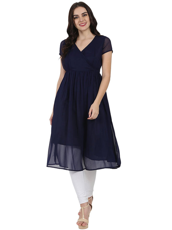 Women's Navy Blue Half Sleeve Georgette Anarkali Kurta - Nayo Clothing