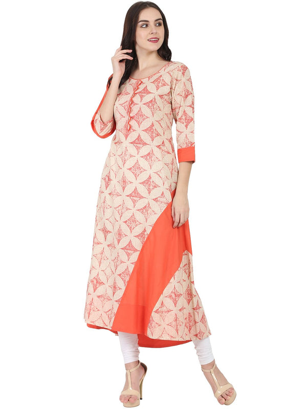 Women's White & Peach Printed 3/4Th Sleeve A-Line Kurta - Nayo Clothing