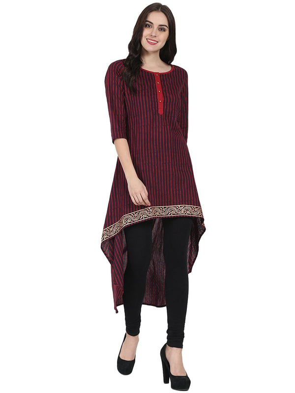 Women's Maroon & Blue 3/4Th Sleeve Block Printed Low High Kurta - Nayo Clothing