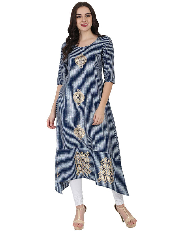 Women's Blue 3/4Th Sleeve Block Printed A-Line Kurta - Nayo Clothing