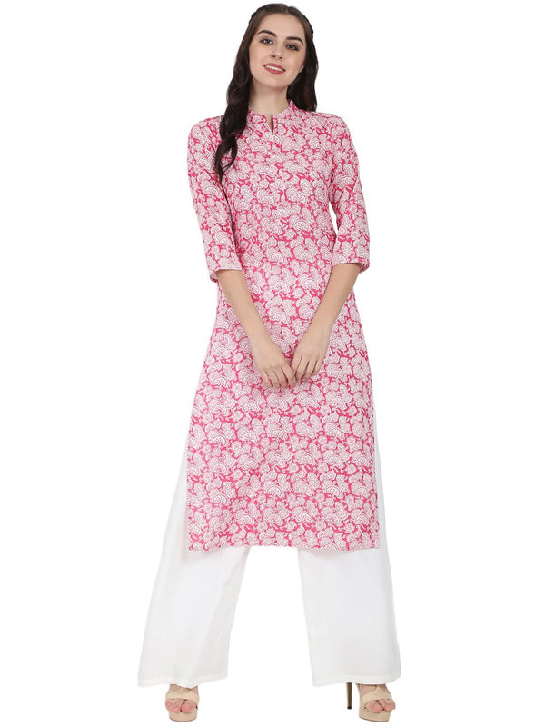 Women's Pink Printed 3/4Th Sleeve Cotton Kurta - Nayo Clothing