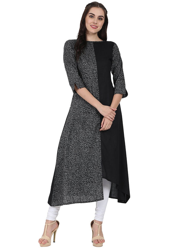 Women's Black Printed 3/4Th Sleeve Cotton A-Line Kurta - Nayo Clothing