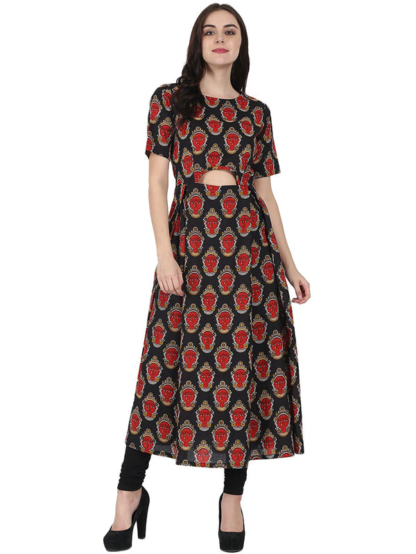 Women's Black Printed Half Sleeve Cotton Anarkali Kurta - Nayo Clothing