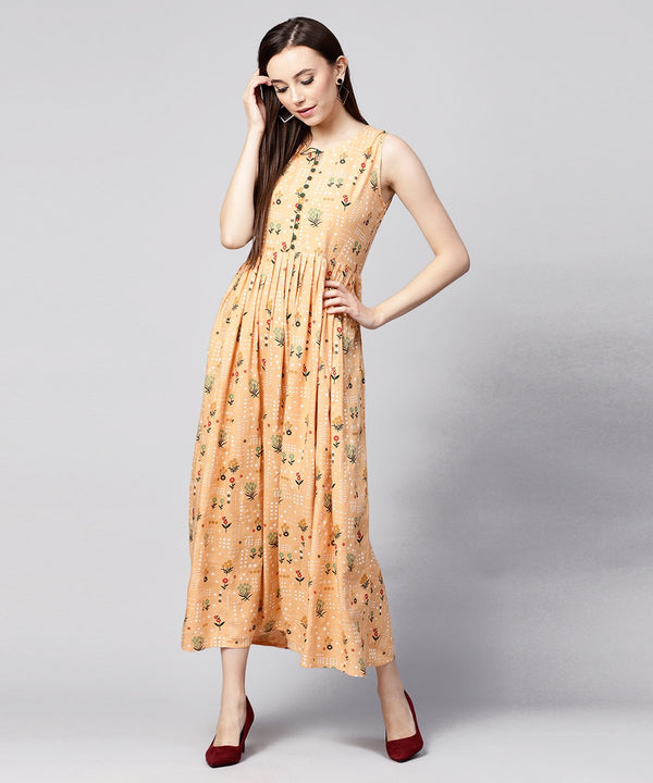 Women's Yellow Printed Sleeveless Rayon A-Line Maxi Dress With Button  In Yokr - Nayo Clothing