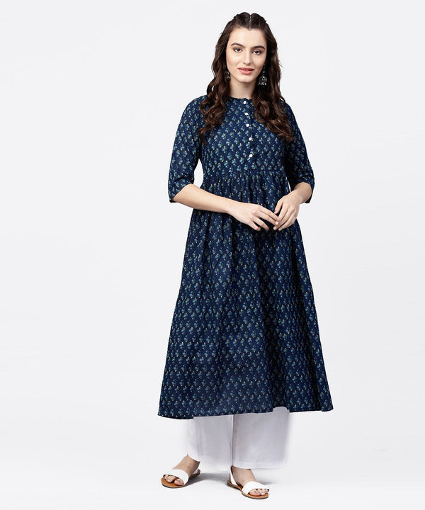 Women's Blue printed gathered A-line kurta with white palazzo - Taantav