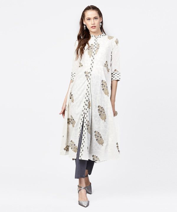 Women's White Printed 3/4Th Sleeve A-Line Kurta With Grey Solid Dye Palazzo - Nayo Clothing