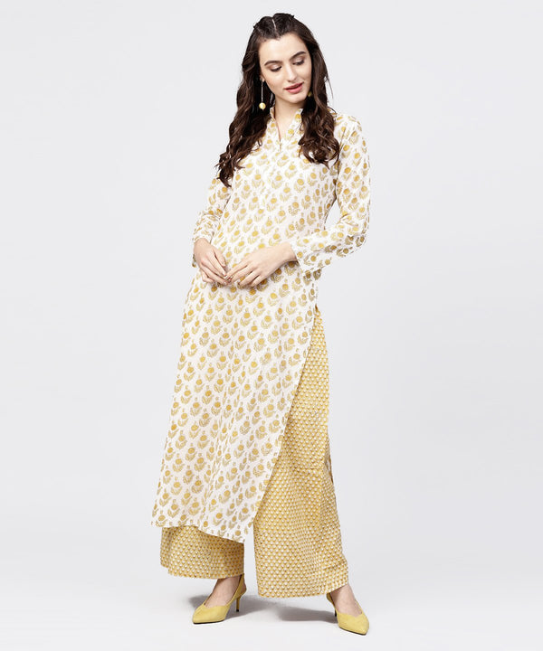 Women's Yellow Printed 3/4Th Sleeve Straight Kurta With Printed Palazzo Set - Nayo Clothing