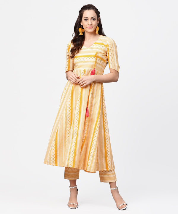 Women's Yellow Printed Half Slevee Cotton A-Line Kurta With Dori Work With Ankle Length Pant - Nayo Clothing