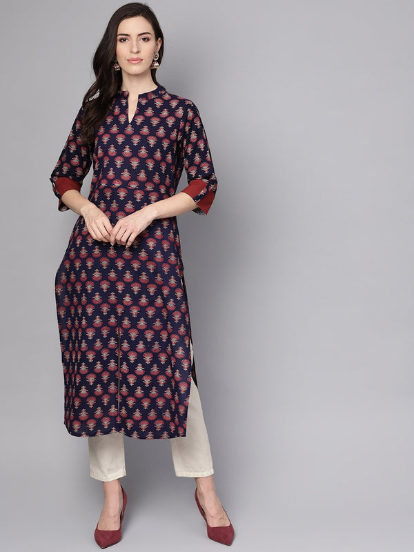 Women's Blue Printed 3/4Th Sleeve Cotton Straight Kurta - Nayo Clothing