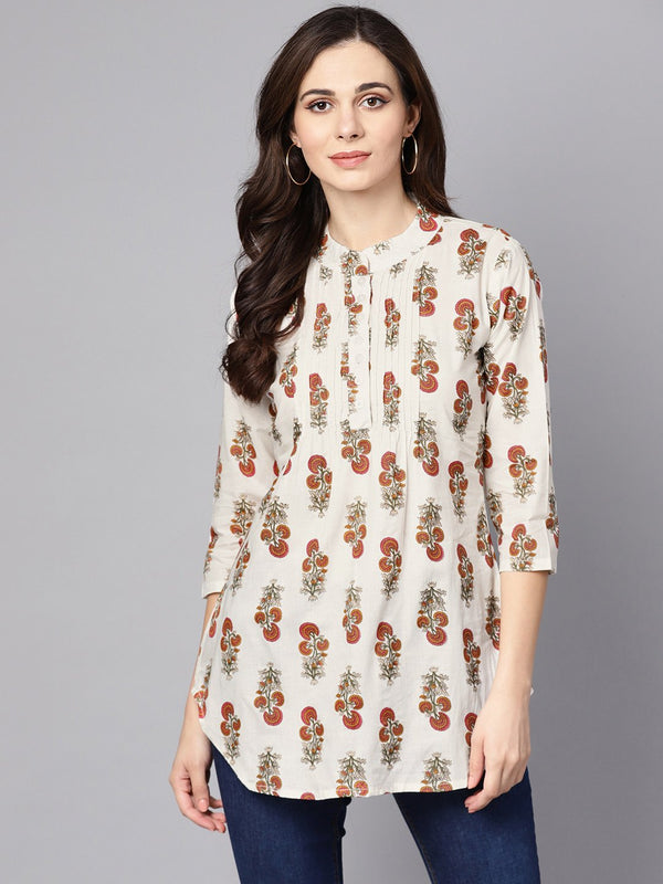 Women's White printed 3/4th sleeve cotton tunic - Nayo Clothing