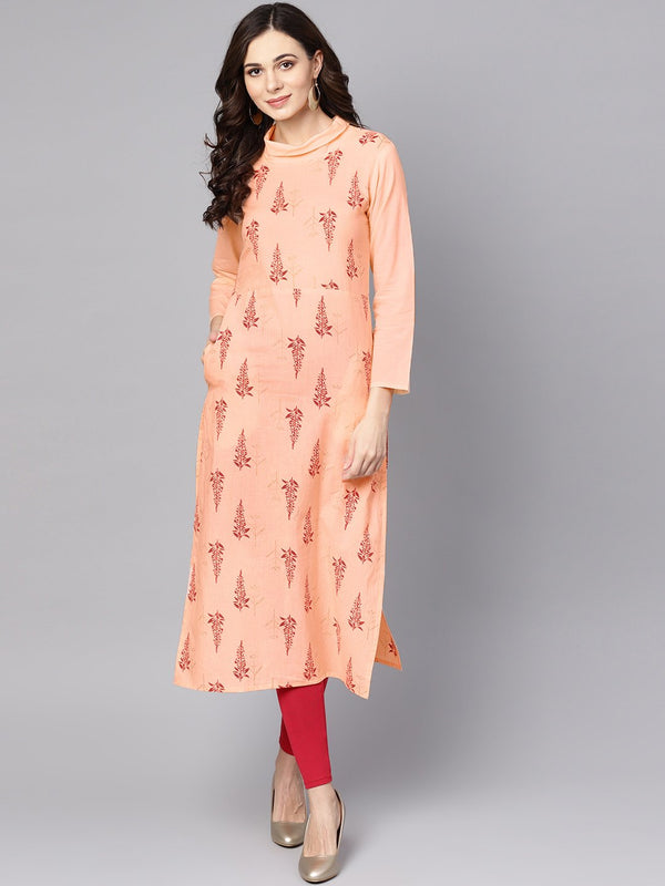 Women's Closed Neck Solid Peach 3/4Th Sleeve Cotton Straight Kurta - Nayo Clothing