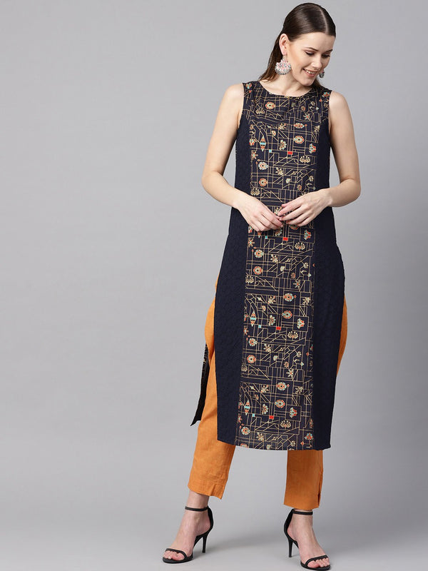 Women's Navy Blue Gold Geometric Printed Sleeveless Kurta With Panneled Schiffli - Nayo Clothing