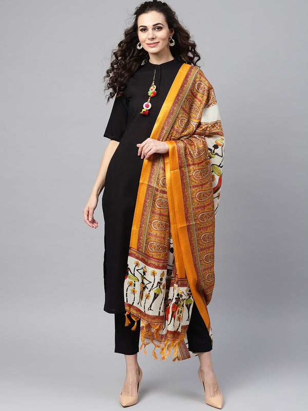 Women's Solid Black Kurta Set with Pants & Bhagalpuri Multi Colored Dupatta - Taantav