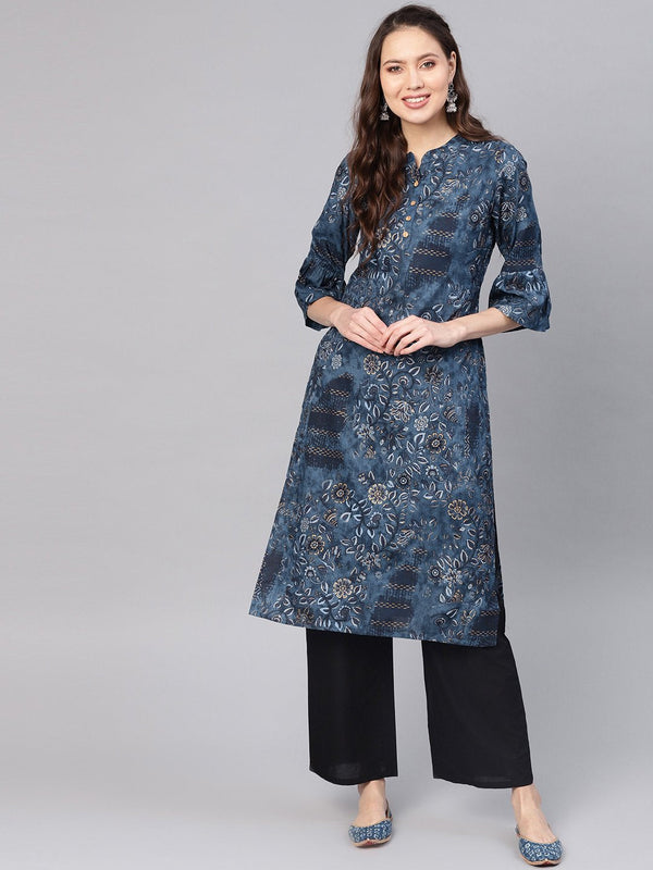 Women's Navy Blue & Golden Printed Straight Kurta - Nayo Clothing