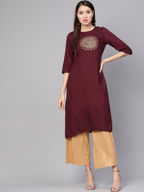 Women's Burgundy Yoke Design Straight Kurta - Nayo Clothing