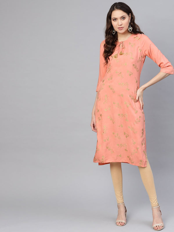 Women's Peach-Coloured & Golden Khari Printed Straight Kurta - Nayo Clothing