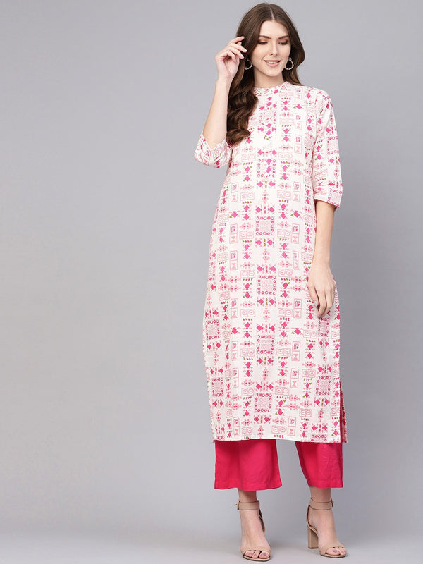 Women's White & Pink Printed Straight Kurta - Nayo Clothing