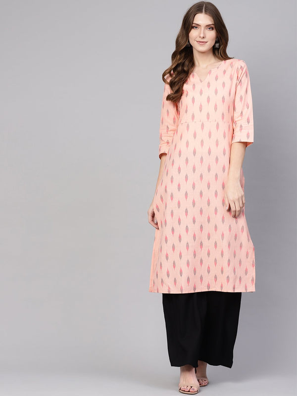 Women's Peach-Coloured & Black Ikat Print Straight Kurta - Nayo Clothing