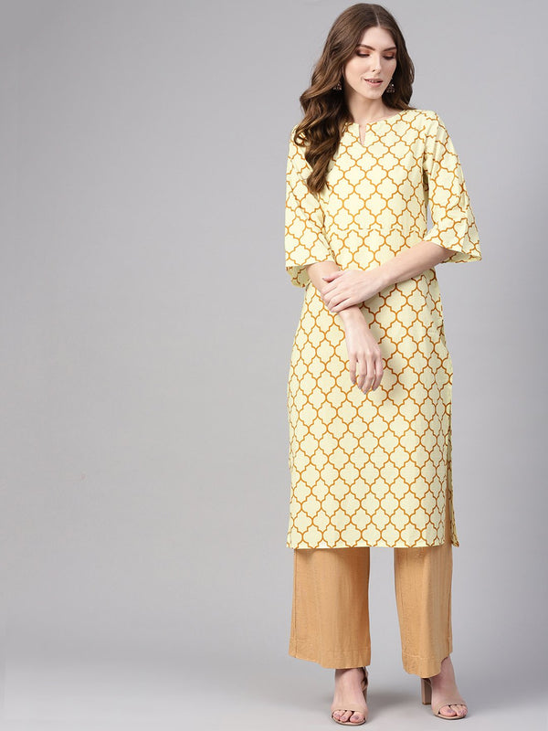 Women's Cream-Coloured & Mustard Brown Printed Straight Kurta - Nayo Clothing