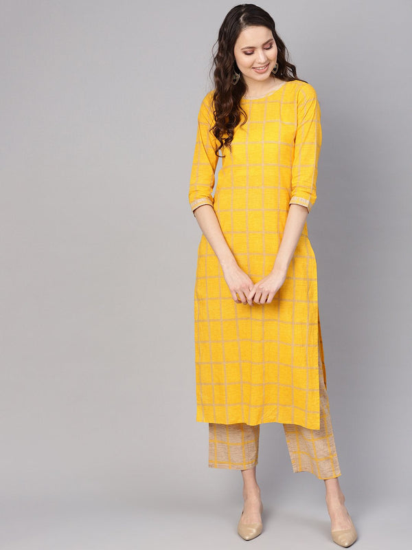 Women's Yellow & Beige Checked Kurta With Trousers - Nayo Clothing