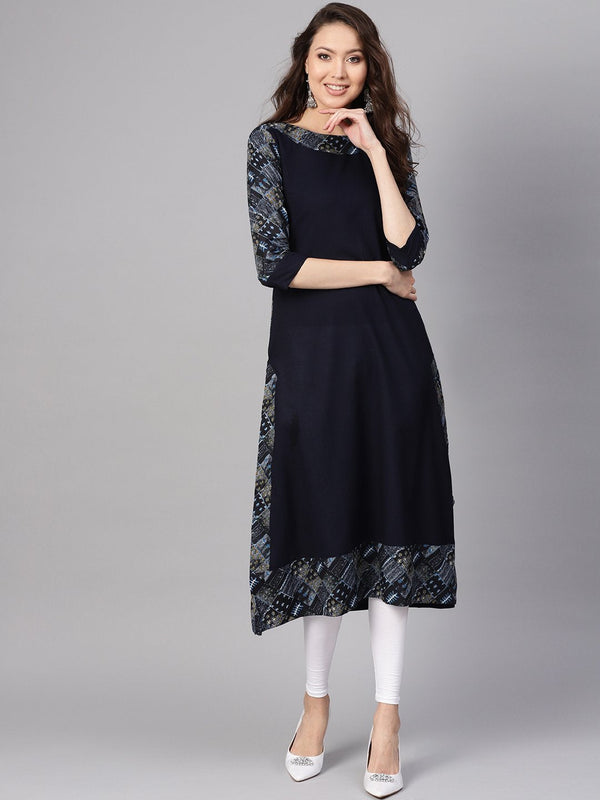 Women's Navy Blue Solid A-Line Kurta - Nayo Clothing