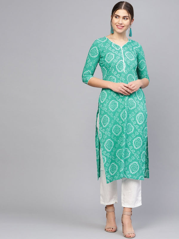 Women's Green & White Printed Straight Kurta - Nayo Clothing