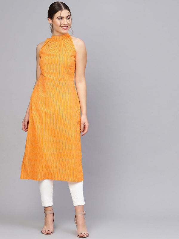 Women's Orange & Off-White Striped Straight Kurta - Nayo Clothing