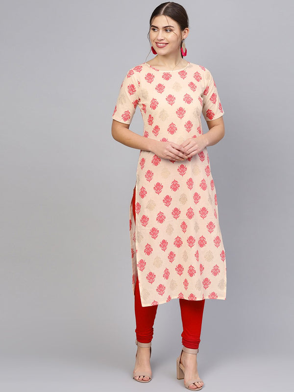 Women's Cream-Coloured & Pink Printed Straight Kurta - Nayo Clothing