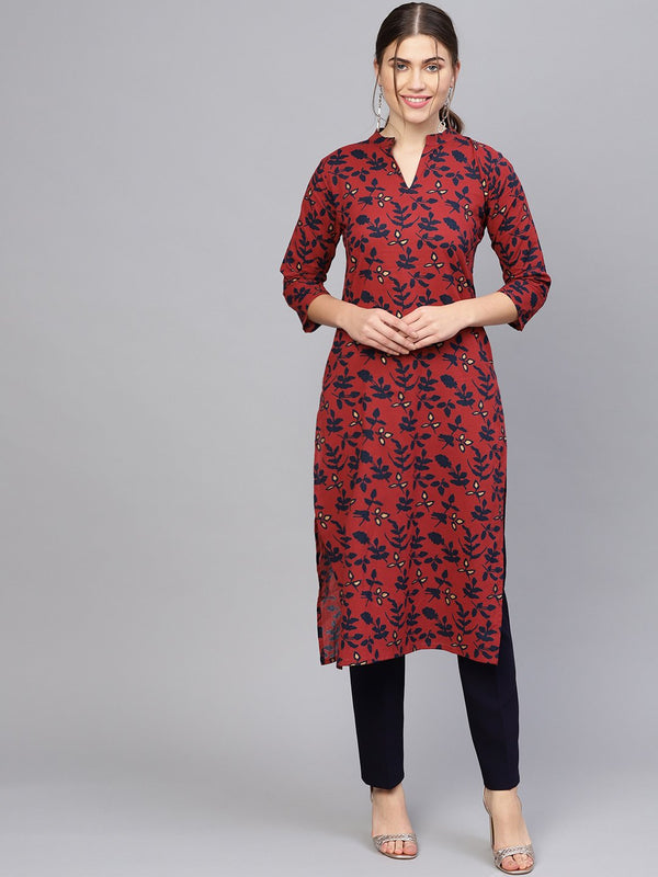 Women's Maroon & Navy Blue Printed Straight Kurta - Nayo Clothing