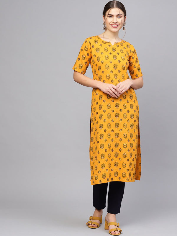 Women's Mustard Yellow & Green Printed Straight Kurta - Nayo Clothing