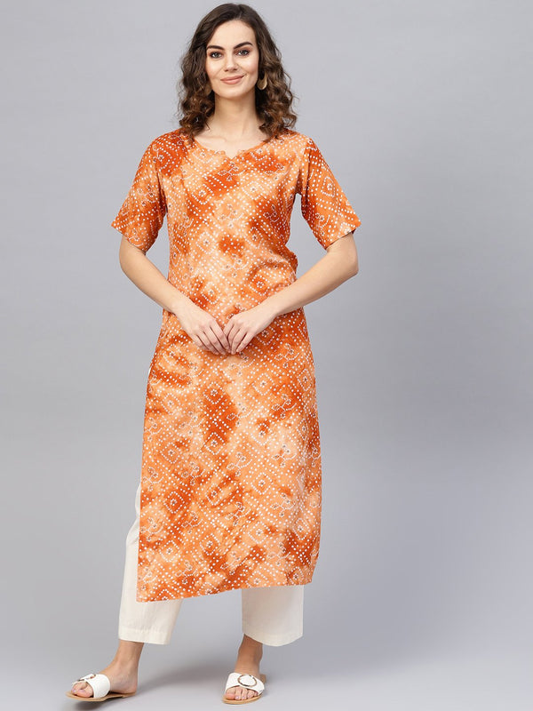 Women's Rust Orange & White Bandhani Printed Straight Kurta - Nayo Clothing