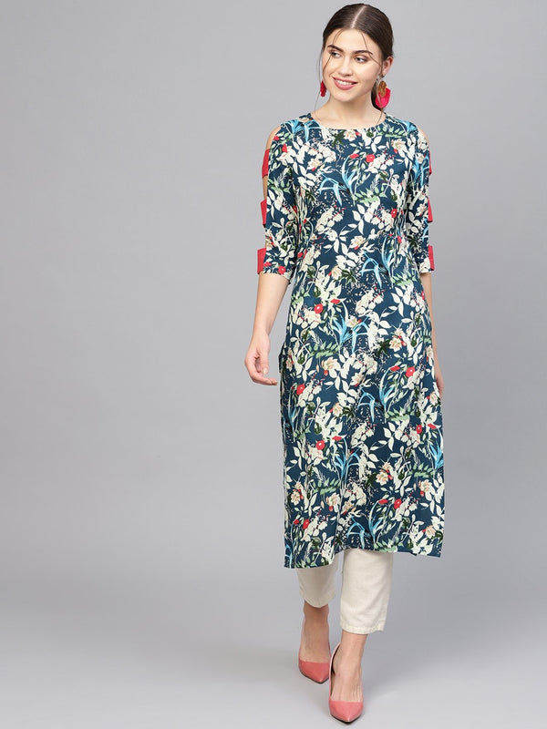 Women's Navy Blue & Green Printed Straight Kurta - Nayo Clothing