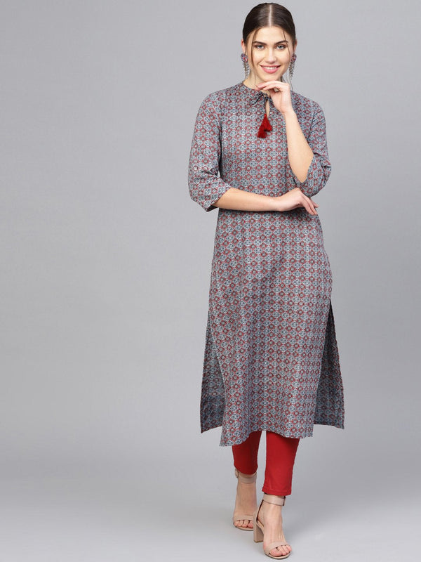 Women's Navy Blue & Maroon Printed Straight Kurta - Nayo Clothing