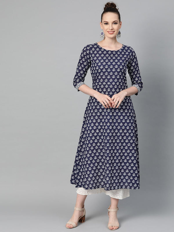 Women's Navy Blue & White Floral Printed A-Line Cotton Kurta - Nayo Clothing