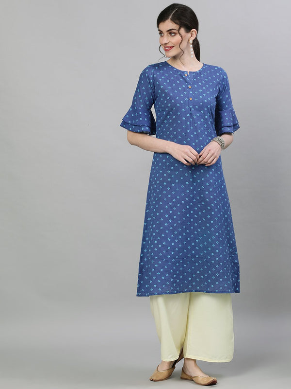 Women's Blue Printed A-Line Kurta - Nayo Clothing