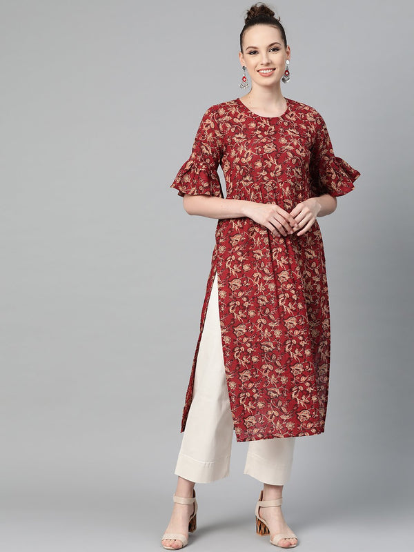 Women's Maroon & Beige Printed A-Line Kurta With Round Flared Sleeves - Nayo Clothing