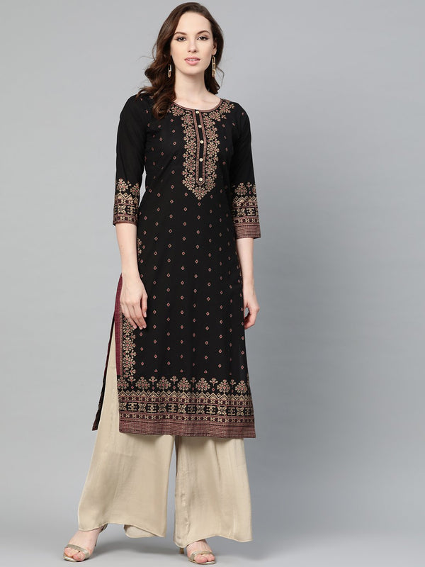 Women's Black & Gold Geometric Printed Kurta With Round Neck & 3/4 Sleeves - Nayo Clothing