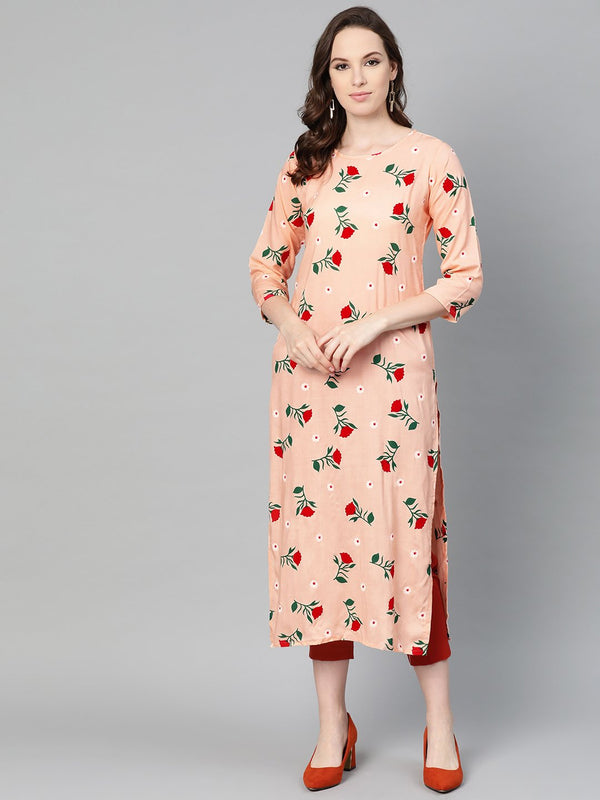 Women's Peach Multi Colored Floral Printed Straight Kurta With Round Neck & 3/4 Sleeves - Nayo Clothing