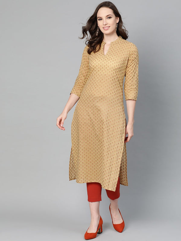 Women's Yellow Printed Straight Kurta With Mandarin Collar With 3/4 Sleeves - Nayo Clothing