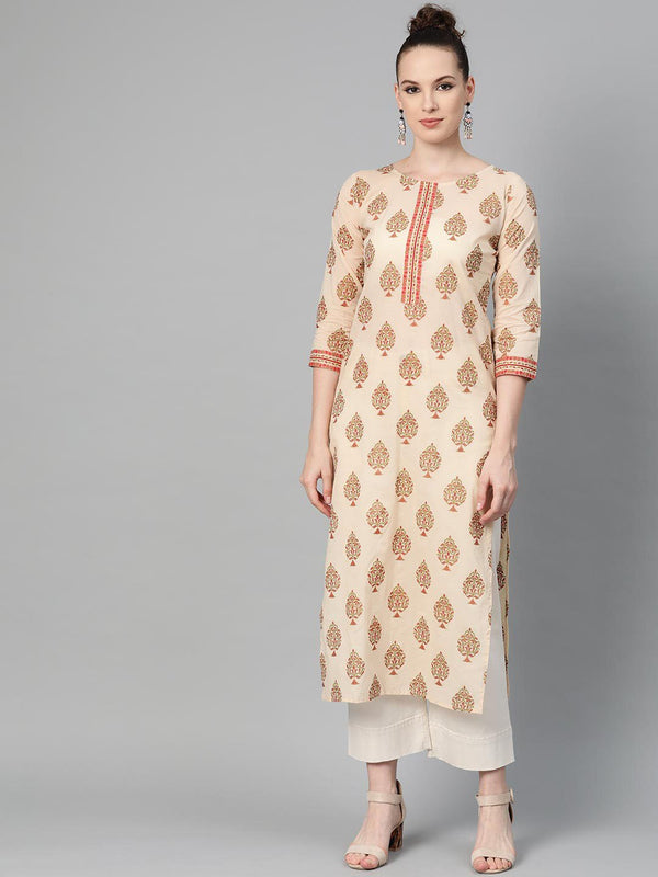 Women's Cream Gold Printed Straight Kurta With Round Neck & 3/4 Sleeves - Nayo Clothing