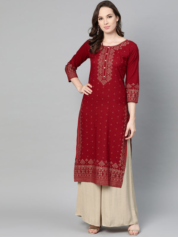 Women's Maroon Gold Printed Kurta With Round Neck & 3/4 Sleeves - Nayo Clothing