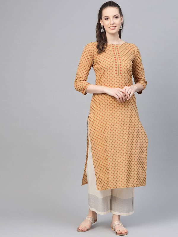 Women's Beige Printed Straight Kurta With Round Neck With 3/4 Sleeves - Nayo Clothing