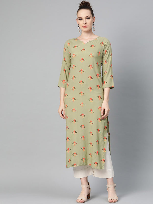 Women's Olive Green Multi Colored Printed Kurta With Round Neck With V & 3/4 Sleeves - Nayo Clothing