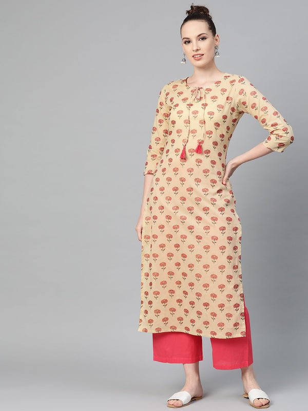 Women's Cream With Multi Floral Printed Kurta With Keyhole Neckline - Nayo Clothing