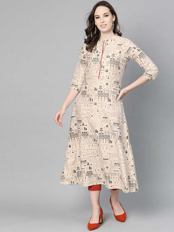 Women's Beige And Black Printed A-Line Cotton Kurta - Nayo Clothing