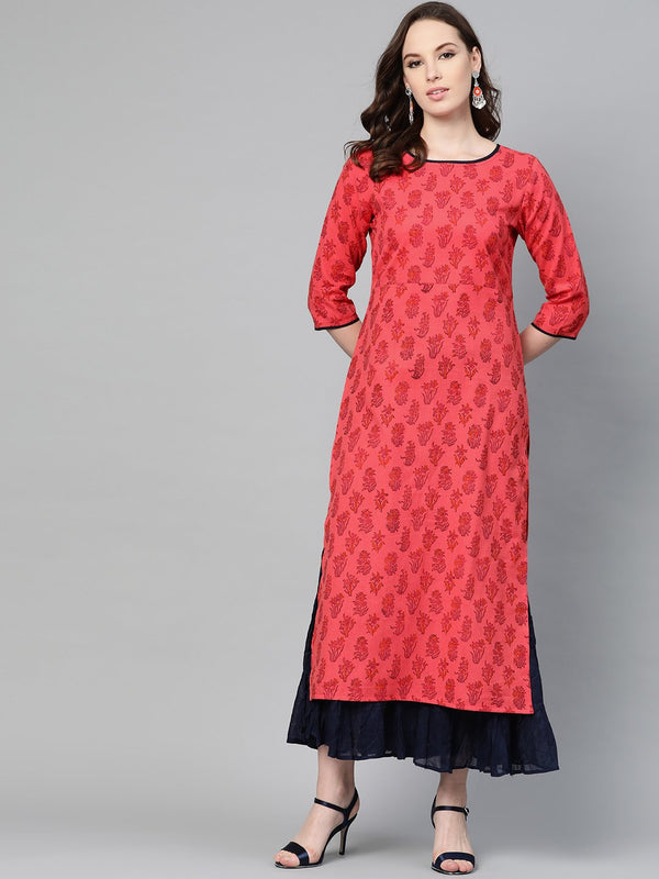 Women's Red Printed Straight Kurta With Round Neck & 3/4 Sleeves - Nayo Clothing