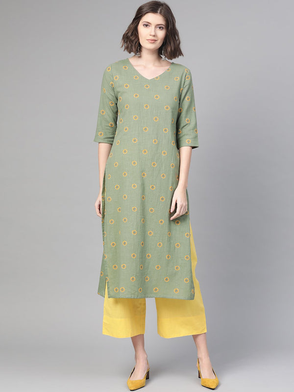 Women's Nayo Green & Yellow Cotton Straight Floral Printed Kurta - Nayo Clothing