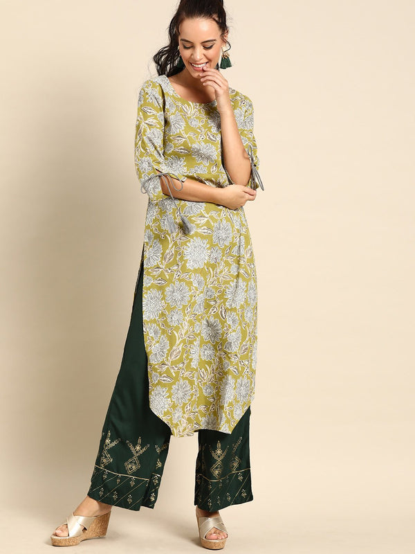 Women's Nayo Green Calf Length Three-Quarter Sleeves Straight Floral Printed Cotton Kurta - Nayo Clothing